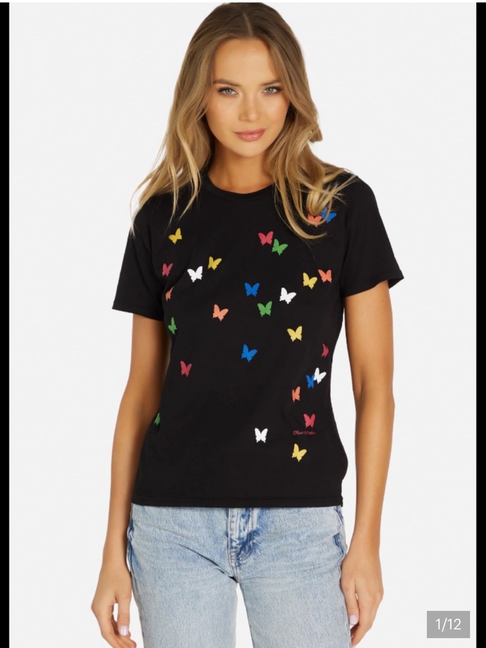 Lauren Moshi Black Tee with Multicolor Butterfly Print
